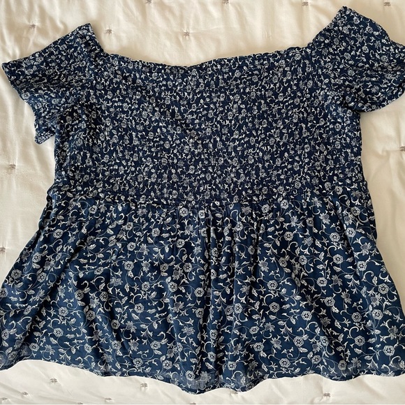 Smocked off the shoulder blue and white blouse - Picture 2 of 7